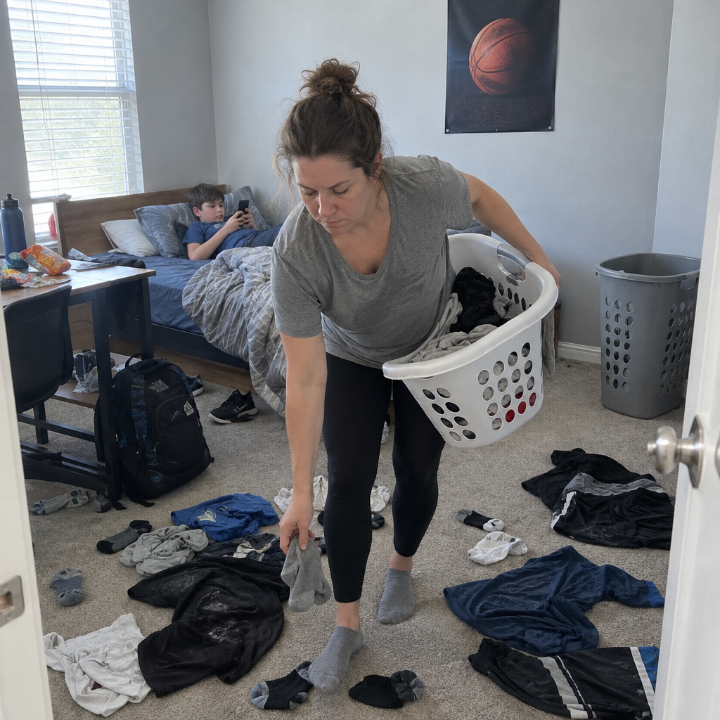 Mom picking up clothes from her son's floor