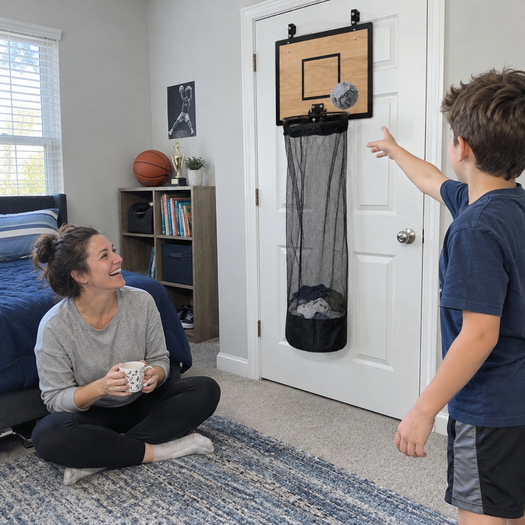Kid tossing clothes into the SockSwish over-door basketball hamper